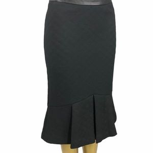 Badgley Mischka Black Quilted Straight Skirt Sz 0 Flutter Box Pleat Leather Trim